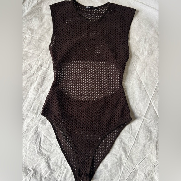 Zara Tops - ZARA Brown Crochet Mesh Bodysuit – Size M